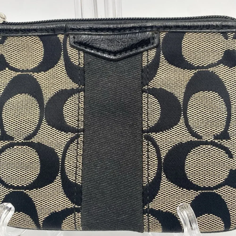 Coach Wristlet Wallet Black Tan Signature Stripe Logo C Jacquard Patent Leather